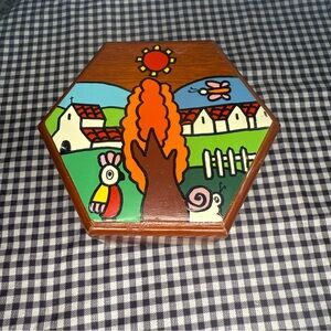 Vintage hand painted Wooden Box with Village Art
